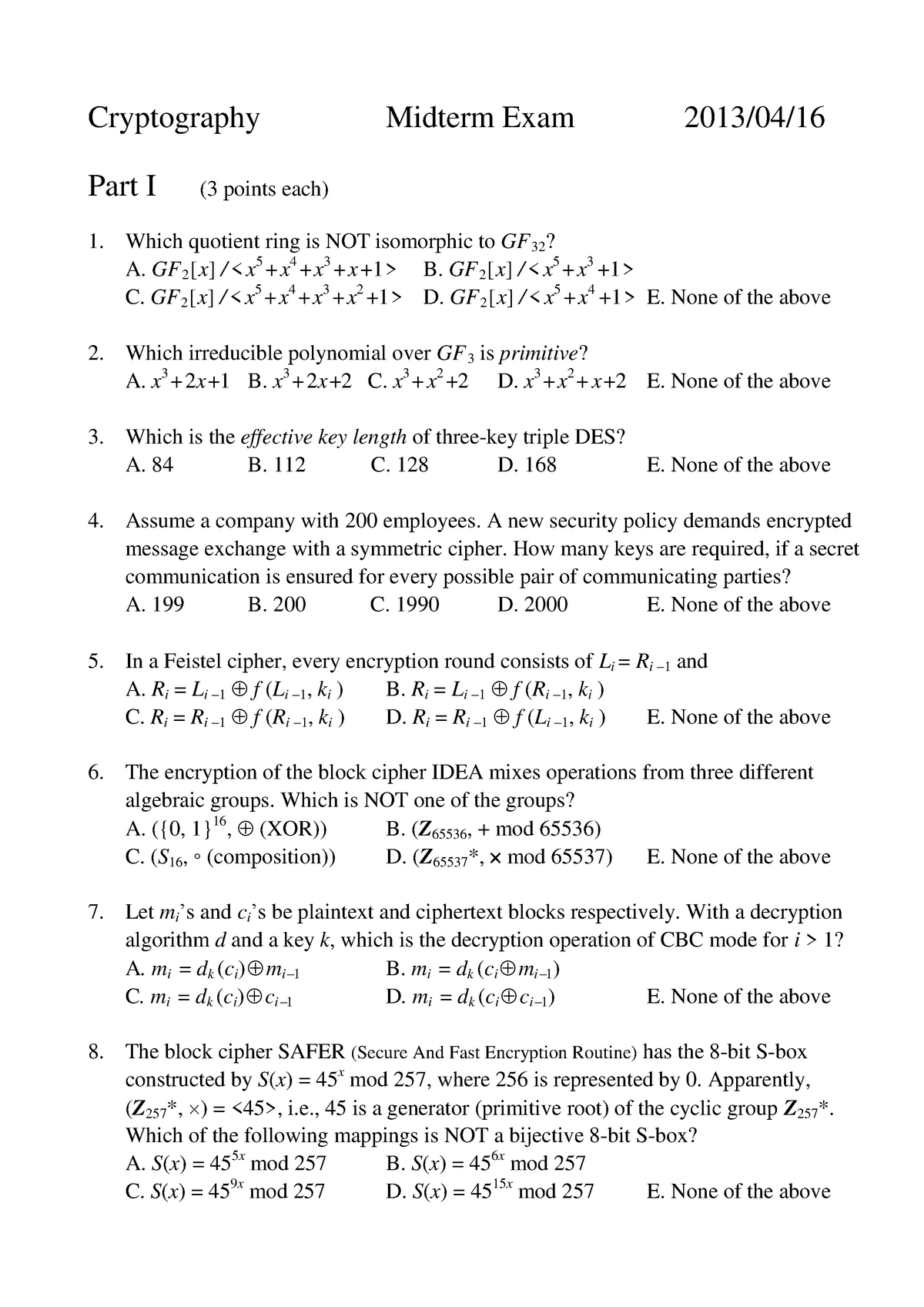 cryptography assignment questions