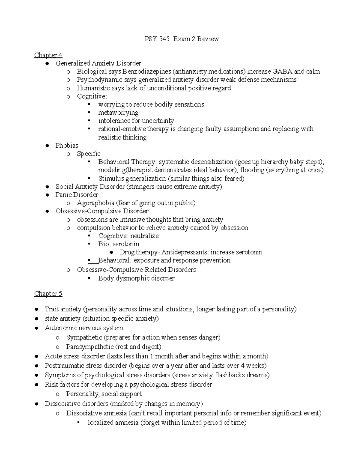 Abnormal Psychology Exam 2 review - PSY 345: Exam 2 Review Chapter 4 ...