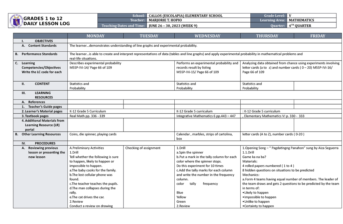 DLL Mathematics 5 Q4 W9 - PERIODICAL TESTS AND DLL - GRADES 1 To 12 ...