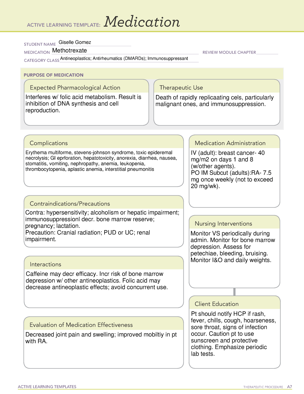 ATI Medication Template Methotrexate ACTIVE LEARNING TEMPLATES