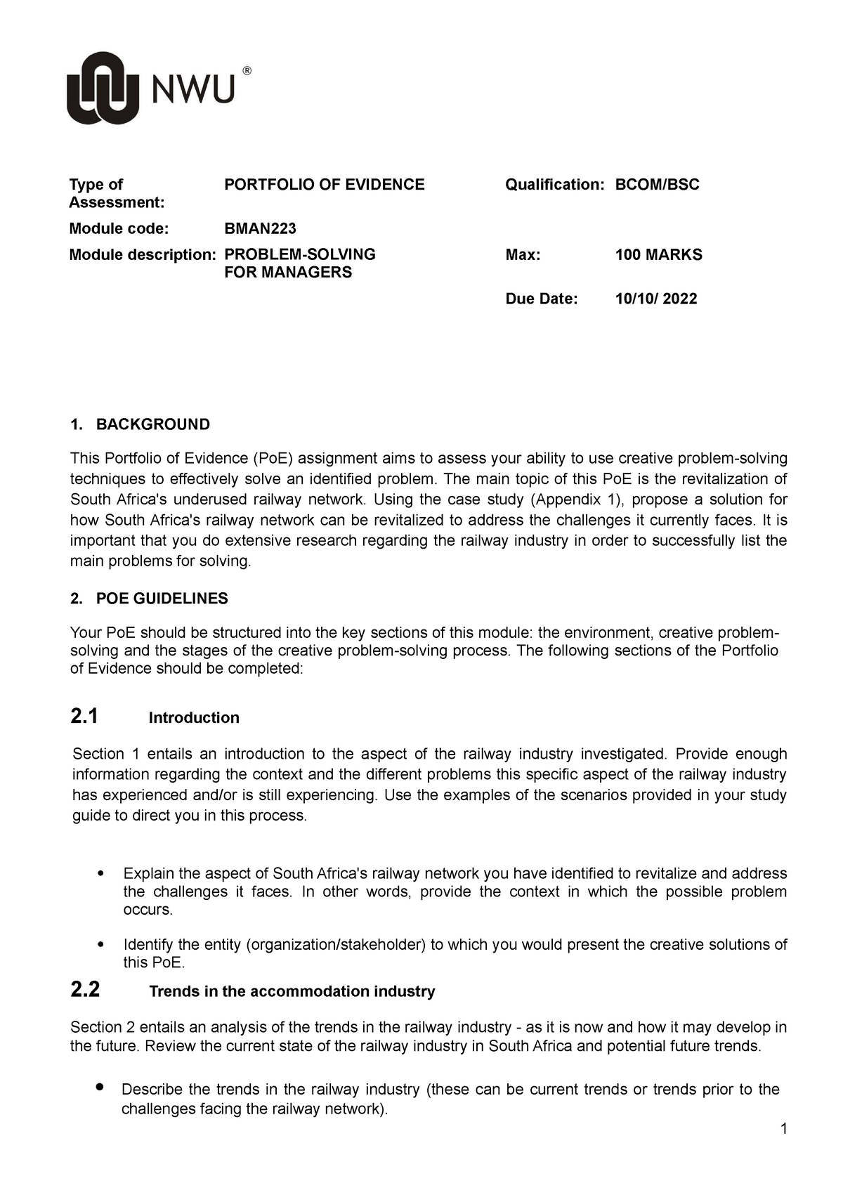 BMAN 223 POE Guidelines and Rubric 2023 Type of Assessment