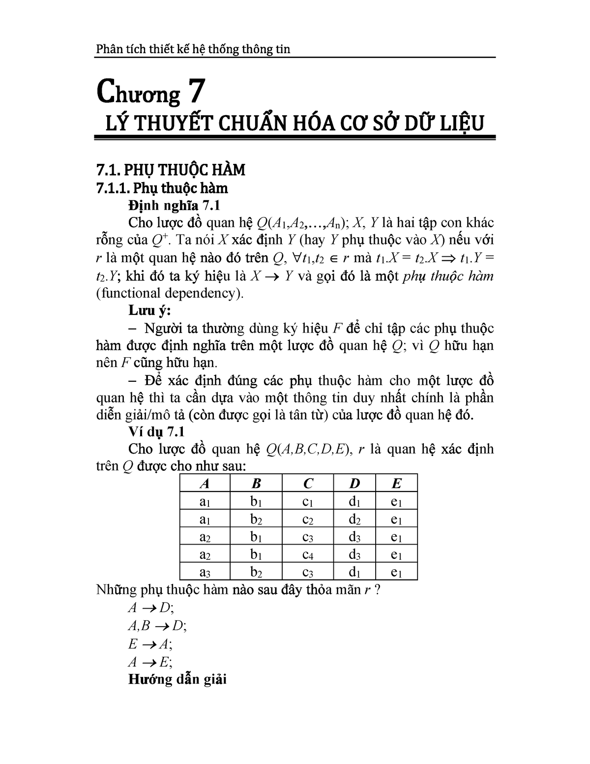 Chapter-7 Database-normalization-1 - Nh N 7. Quan H Q(A 1 ,A 2 An); X ...