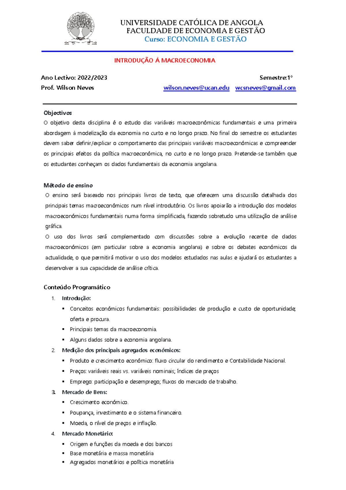 Programa De Introdu o Macroeconomia 2022 2023 1 UNIVERSIDADE CAT 