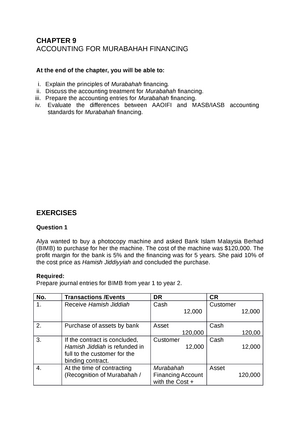 questions and answer isfin - CHAPTER 9 ACCOUNTING FOR MURABAHAH 