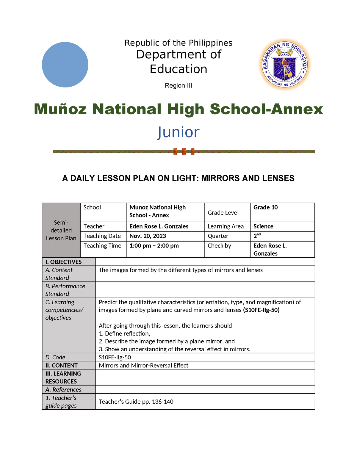 LightMirrorsandLenses A DAILY LESSON PLAN ON LIGHT MIRRORS AND