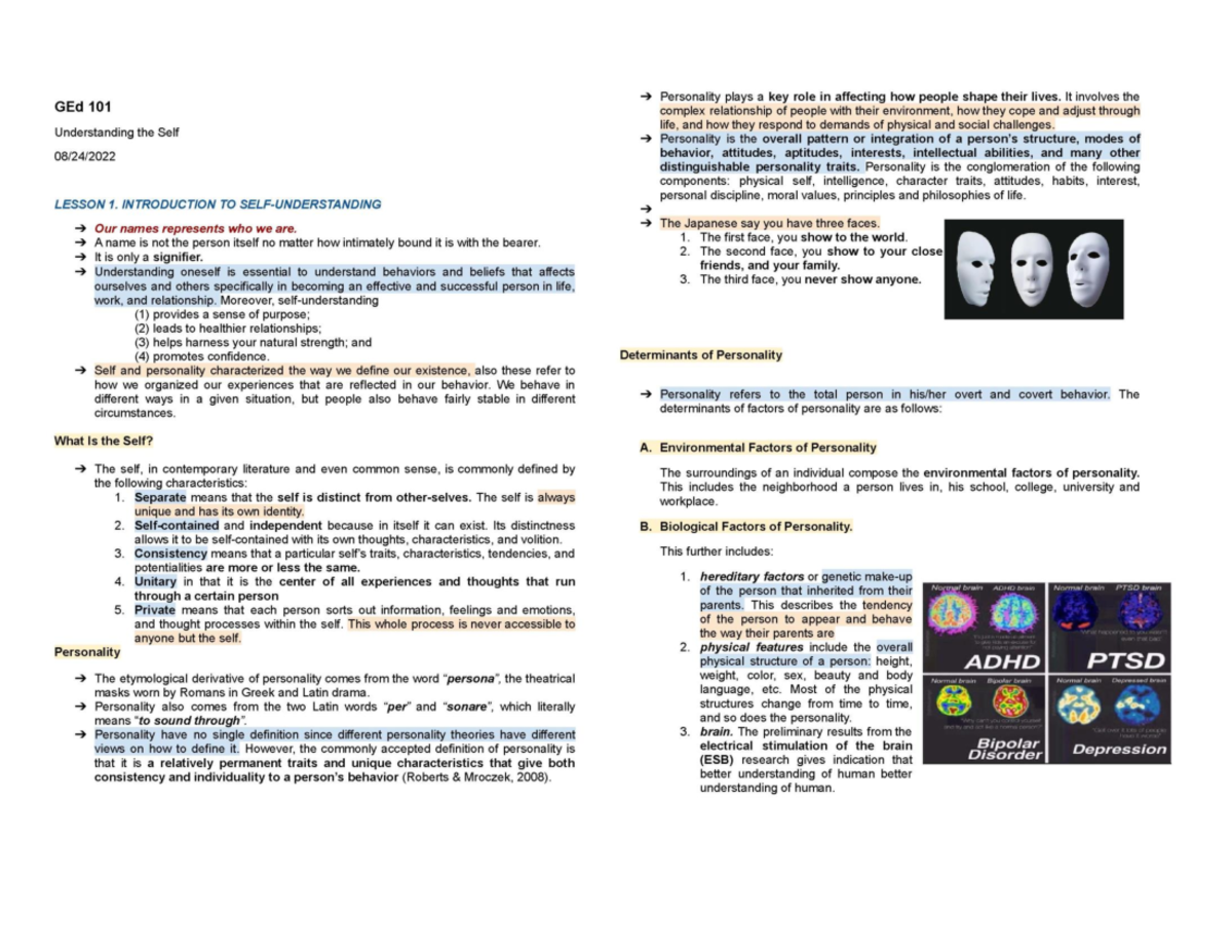 UTS Final Reviewer - Lecture Notes On Understanding The Self ...