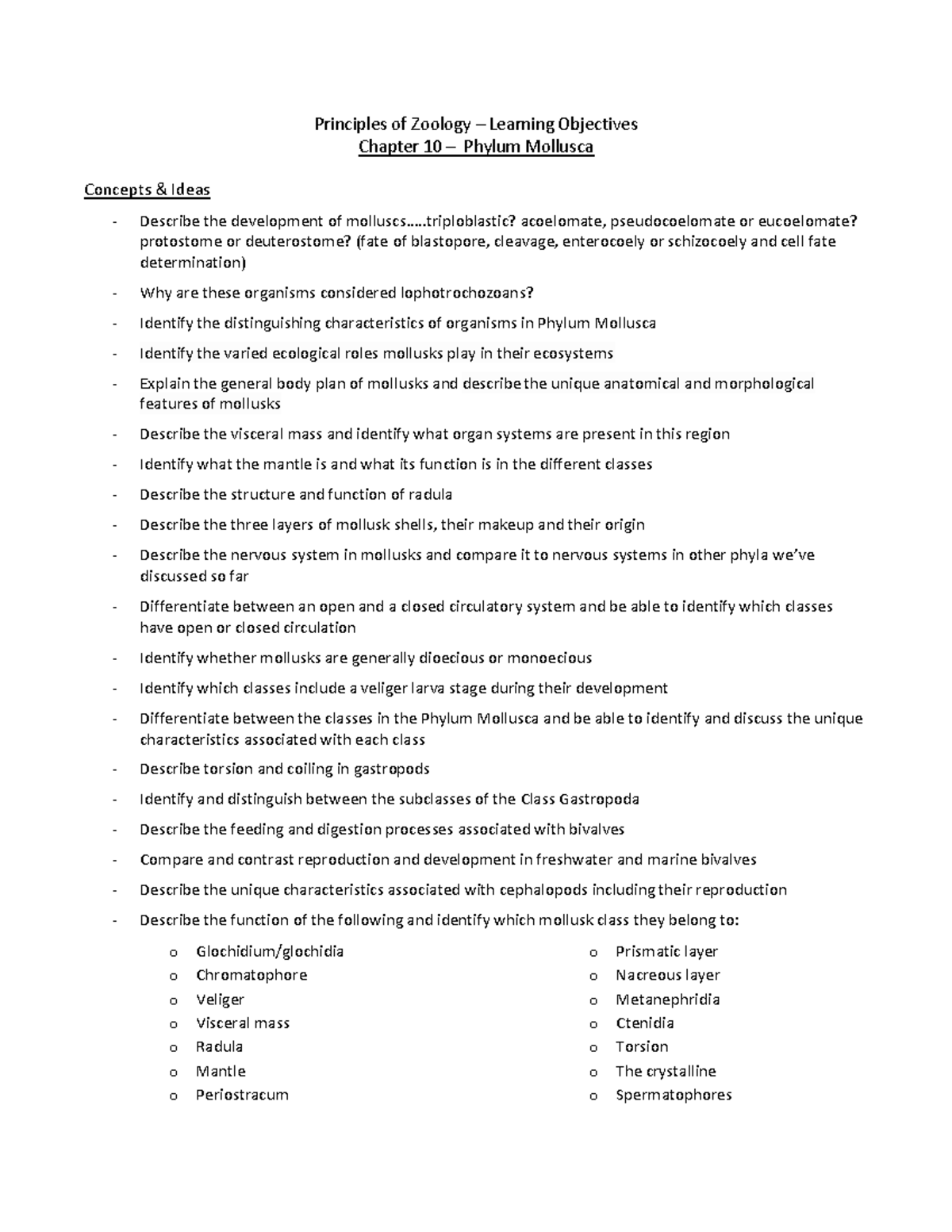 Phylum Mollusca Learning Objectives (Ch 10) - Principles of Zoology –  Learning Objectives Chapter 10 - Studocu