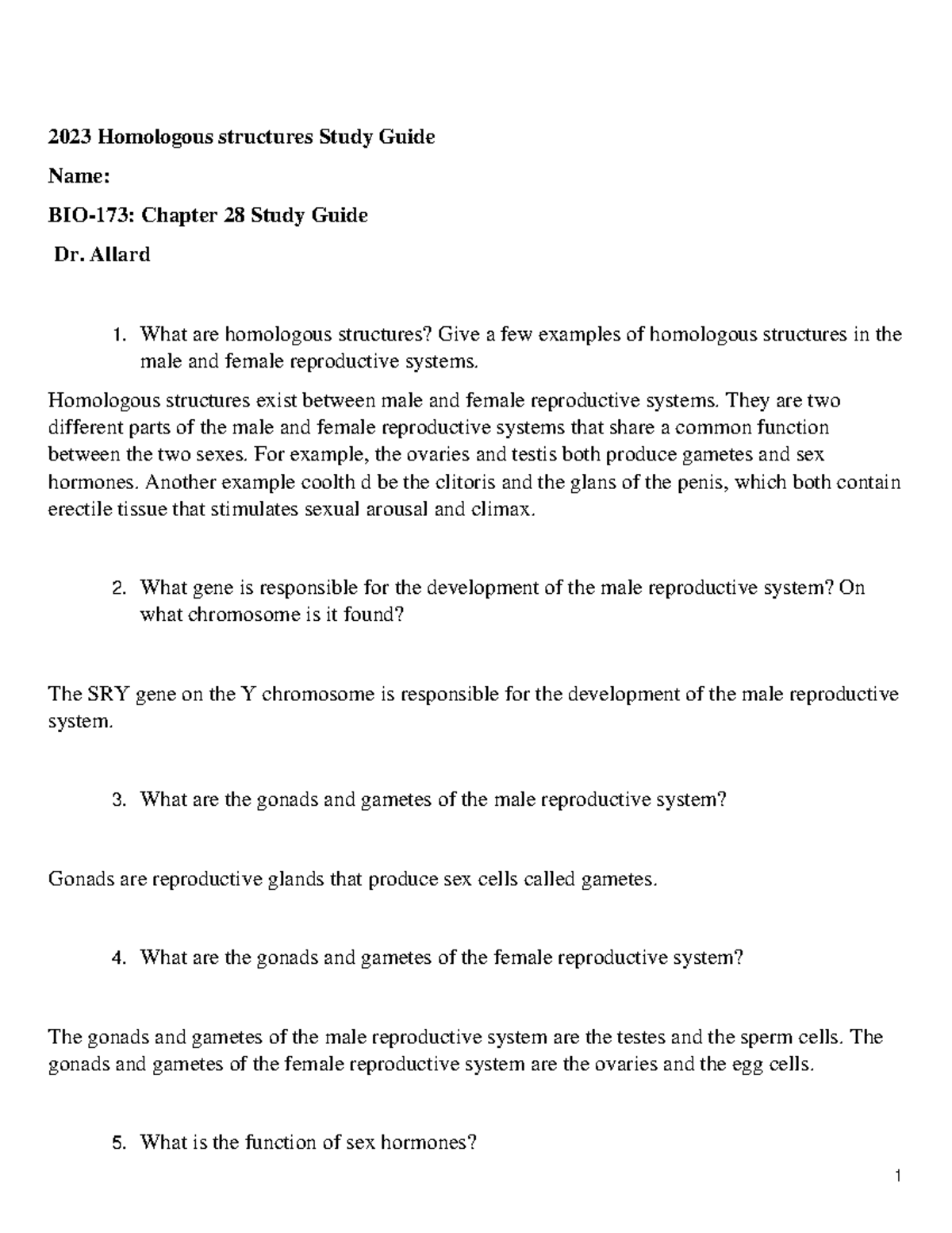 2023 Homologous structures Study Guide - 1 2023 Homologous structures ...
