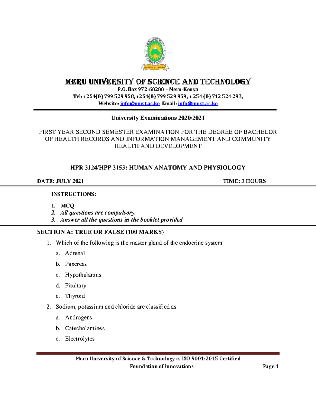 HPR 3124HPP 3153 Human Anatomy AND Physiology - Meru University of ...