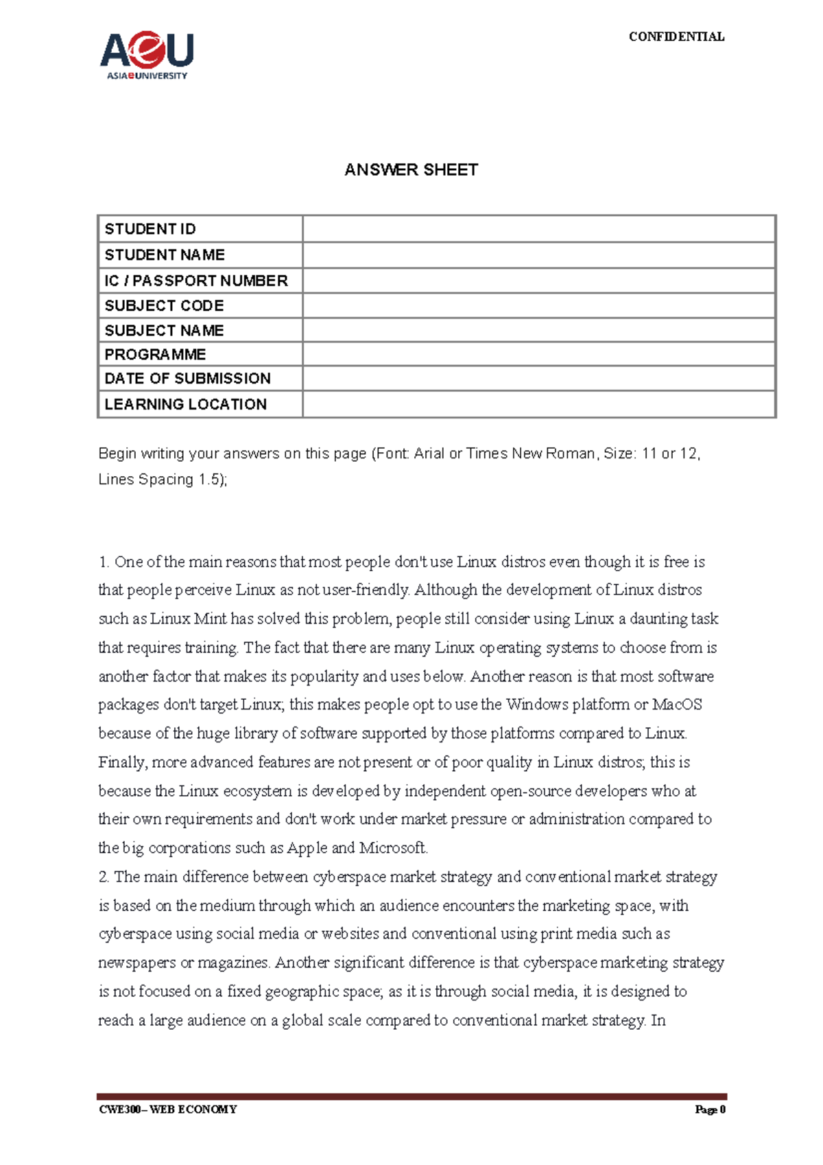 Answer Sheet final - ANSWER SHEET STUDENT ID STUDENT NAME IC / PASSPORT ...