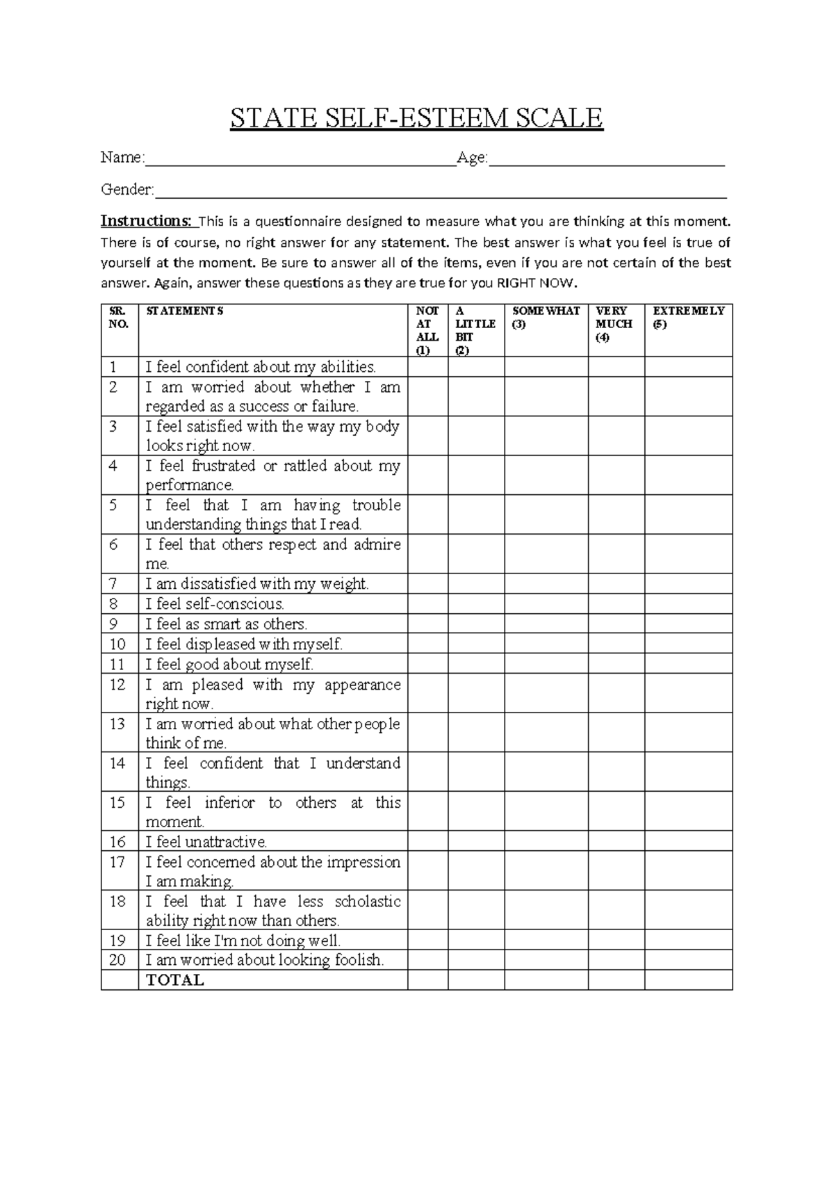 State SELF- Esteem Scale - STATE SELF-ESTEEM SCALE Name:_________Age ...