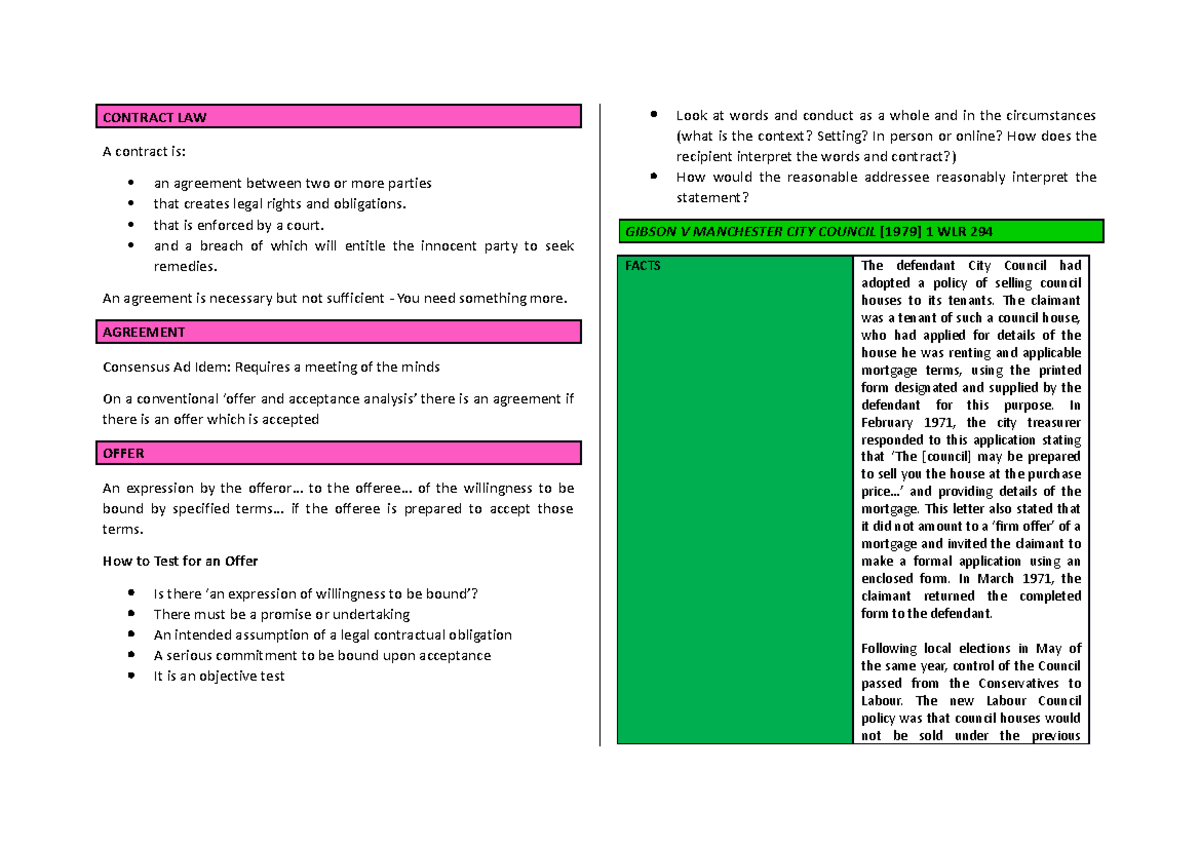 Week 1 - Offer - Notes - CONTRACT LAW A contract is: an agreement ...