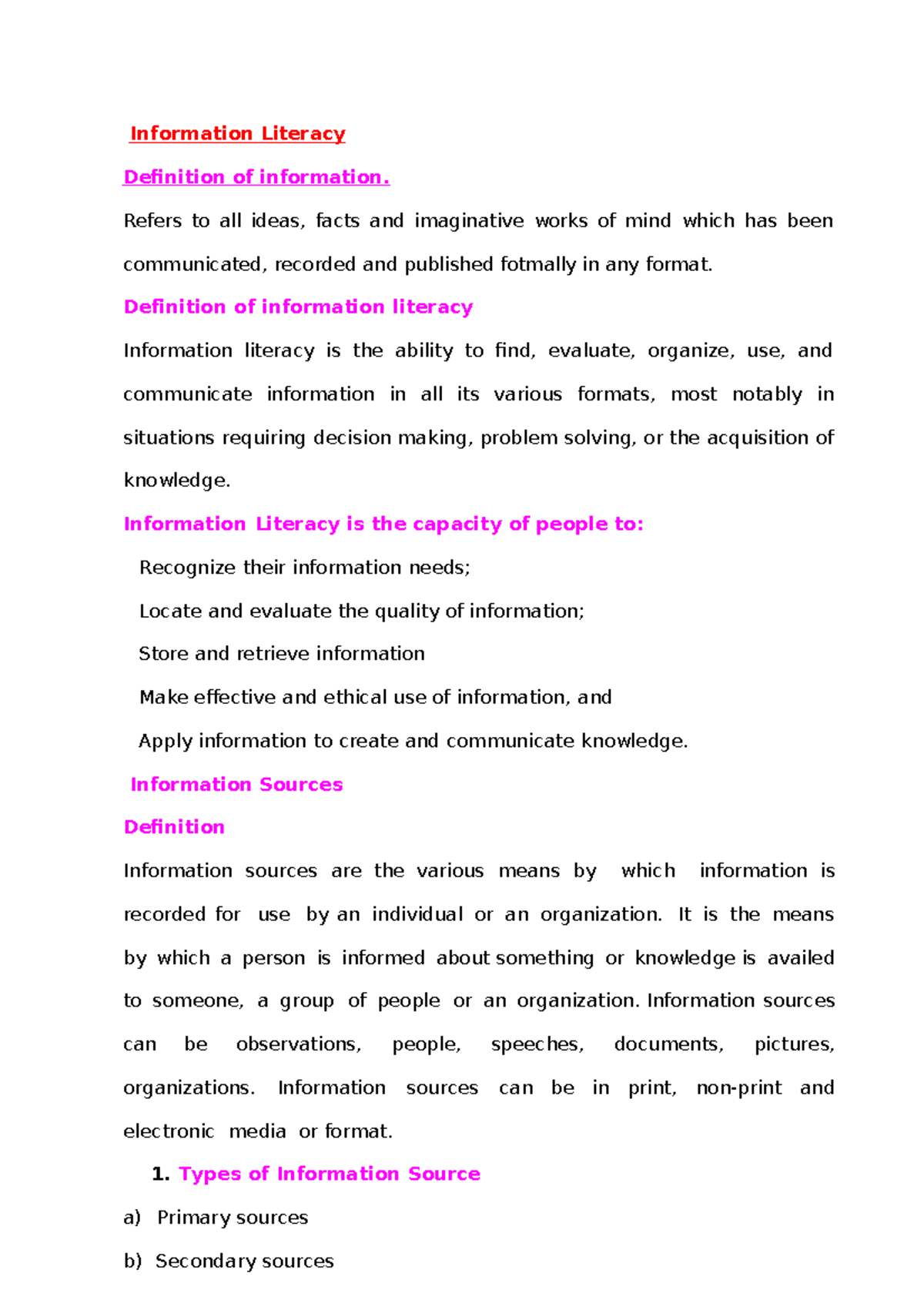 Shortened version Lecture Notes ON Information Literacy Content1