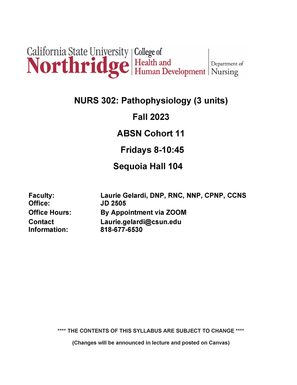 10-20 Syllabi Pathophysiology Fall 2023 ABSN) - NURS 302 ...