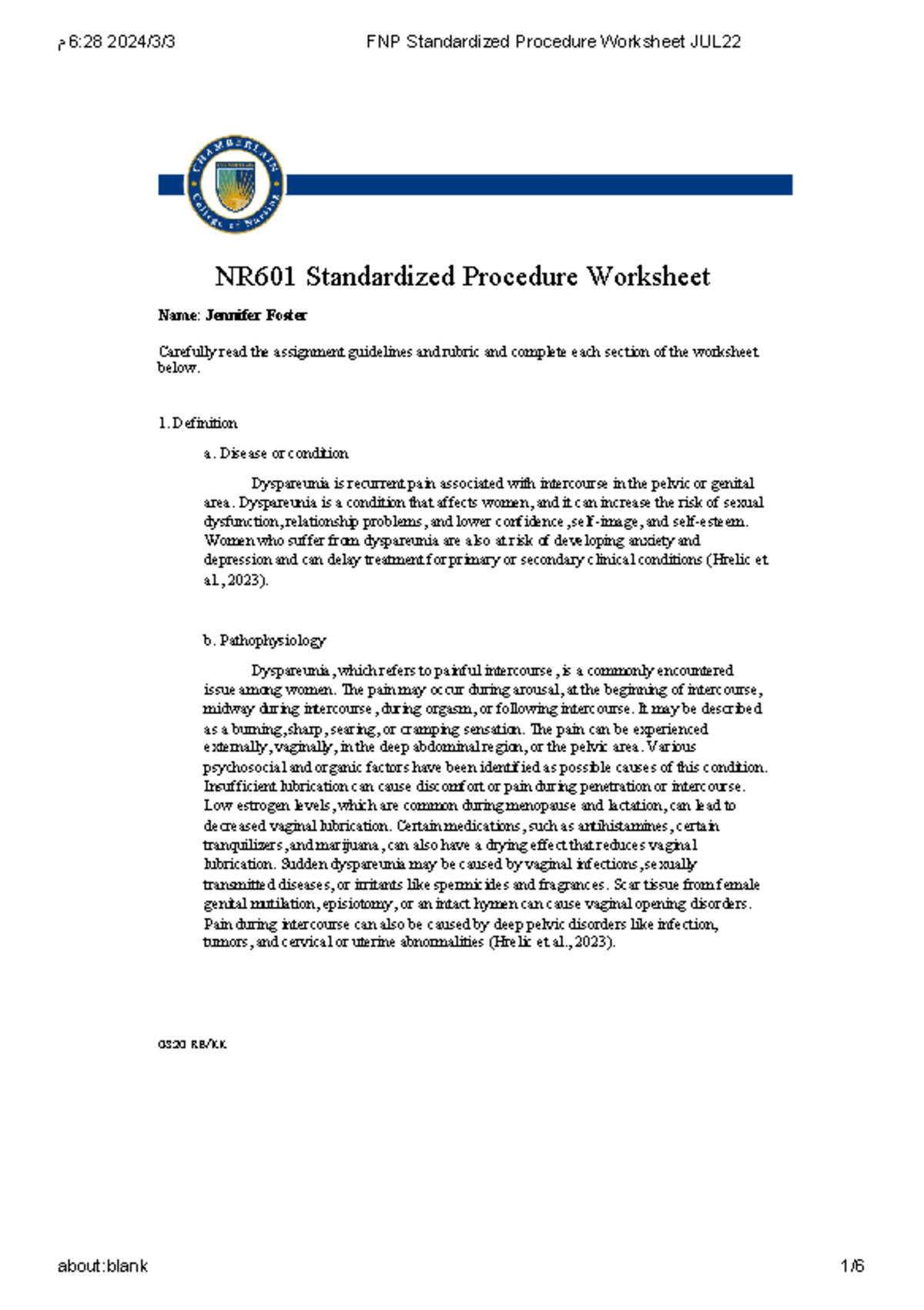 FNP Standardized Procedure Worksheet JUL22 - NR601 Standardized ...