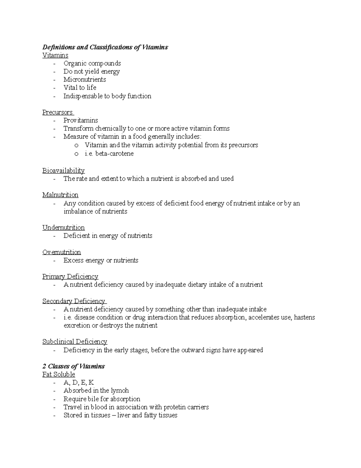 Lecture 6 Definitions and Classifications of Vitamins Vitamins