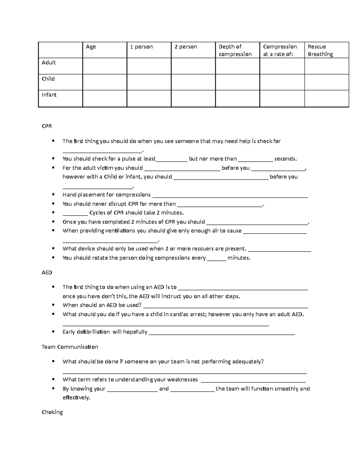 BLS HCP work sheet - Age 1 person 2 person Depth of compression ...