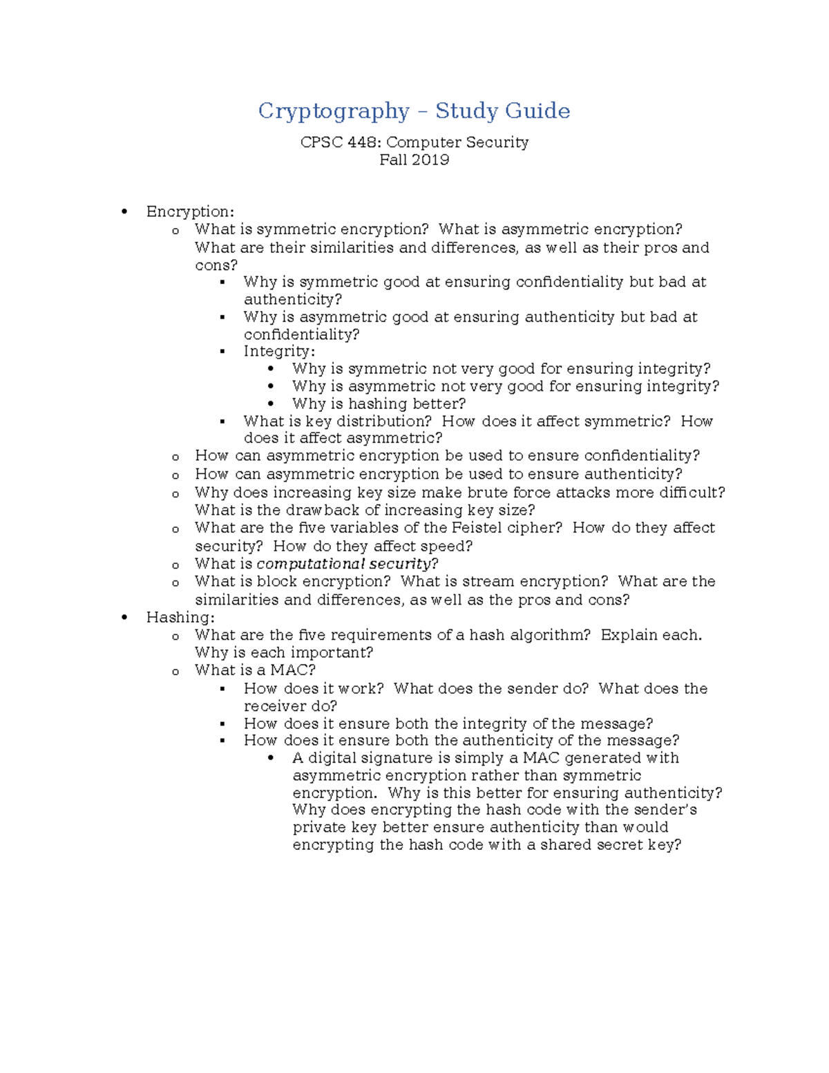 Cryptography Study Guide - Cryptography – Study Guide CPSC 448 ...