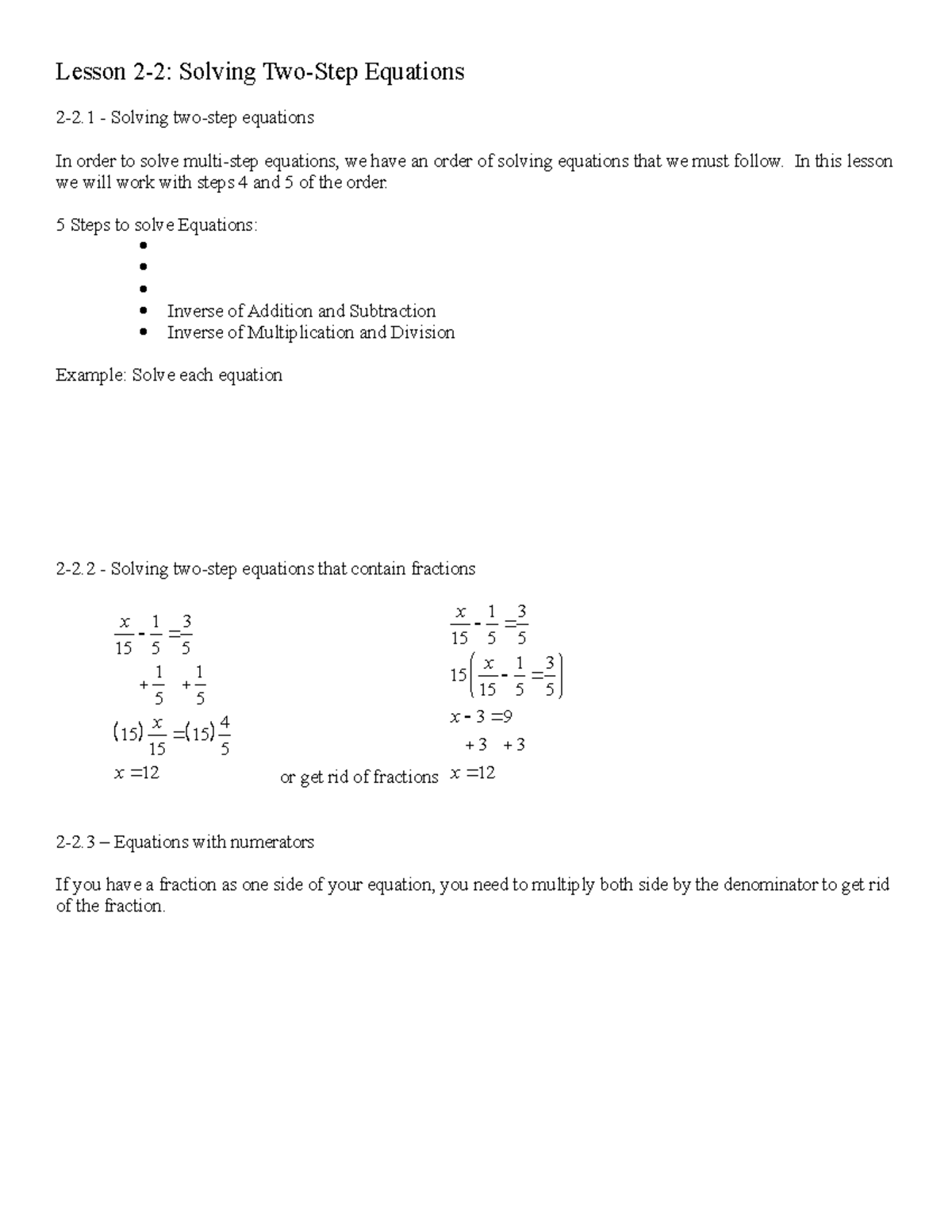 Lesson-2-2 College Algebra - Lesson 2-2: Solving Two-Step Equations 2-2 ...