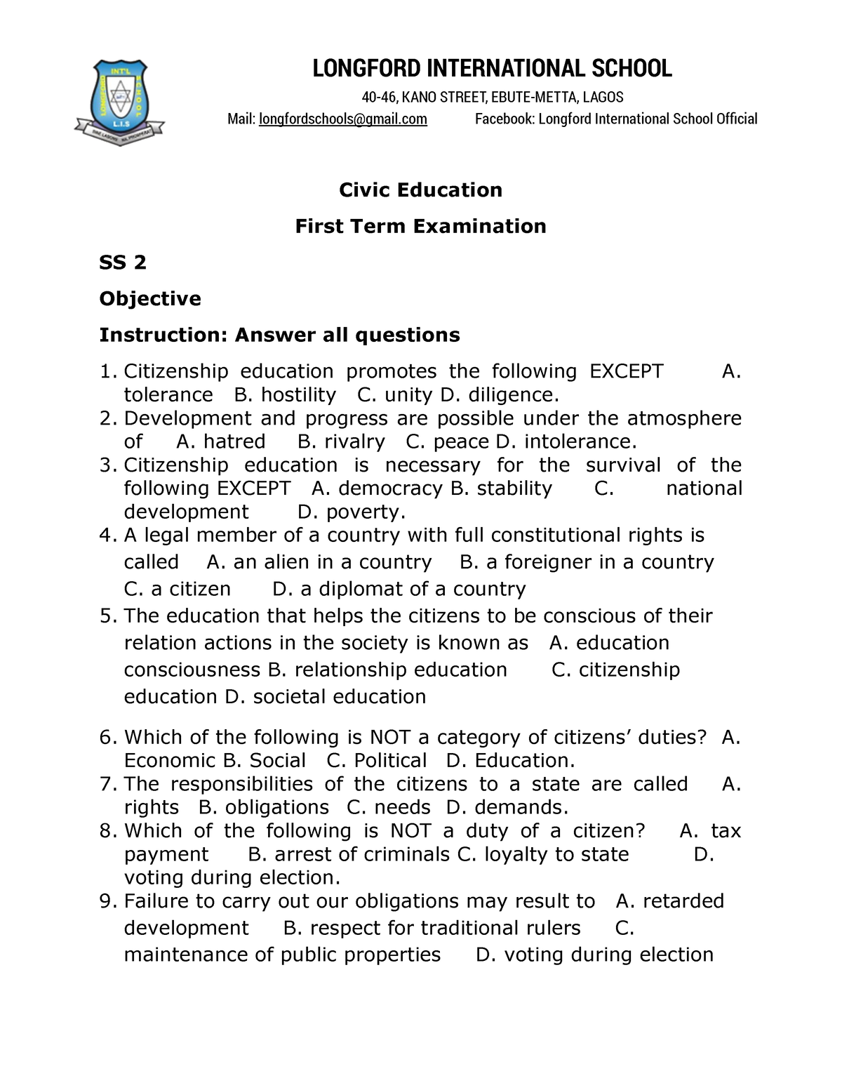 scheme of work civic education for ss2 first term