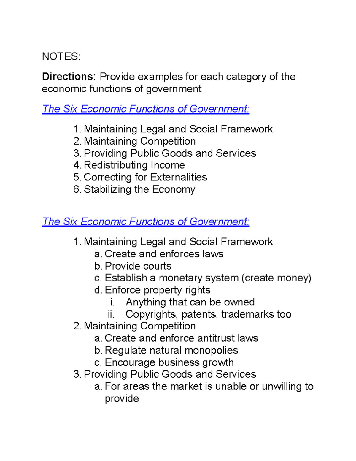 Notes The Six Economic Functions Of Government Notes Directions