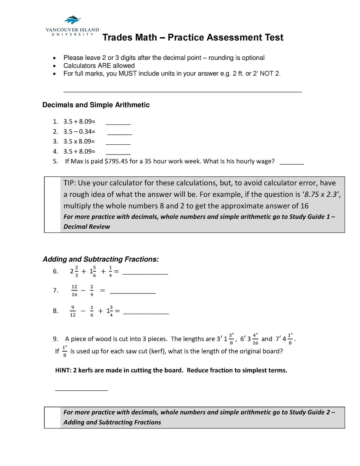 Trades math practice assessment - Trades Math – Practice Assessment 