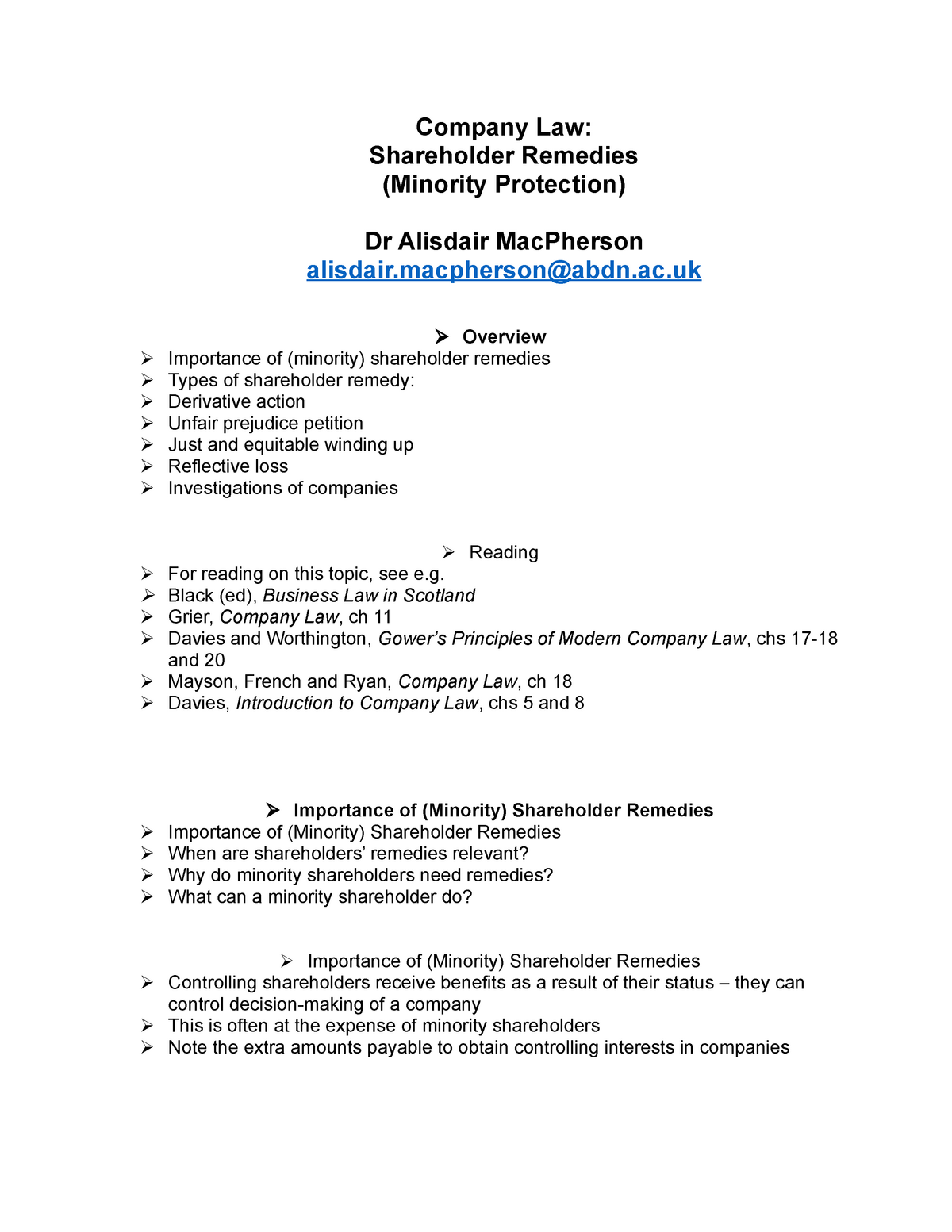 WEEK 4 - Shareholder Remedies - Company Law: Shareholder Remedies ...