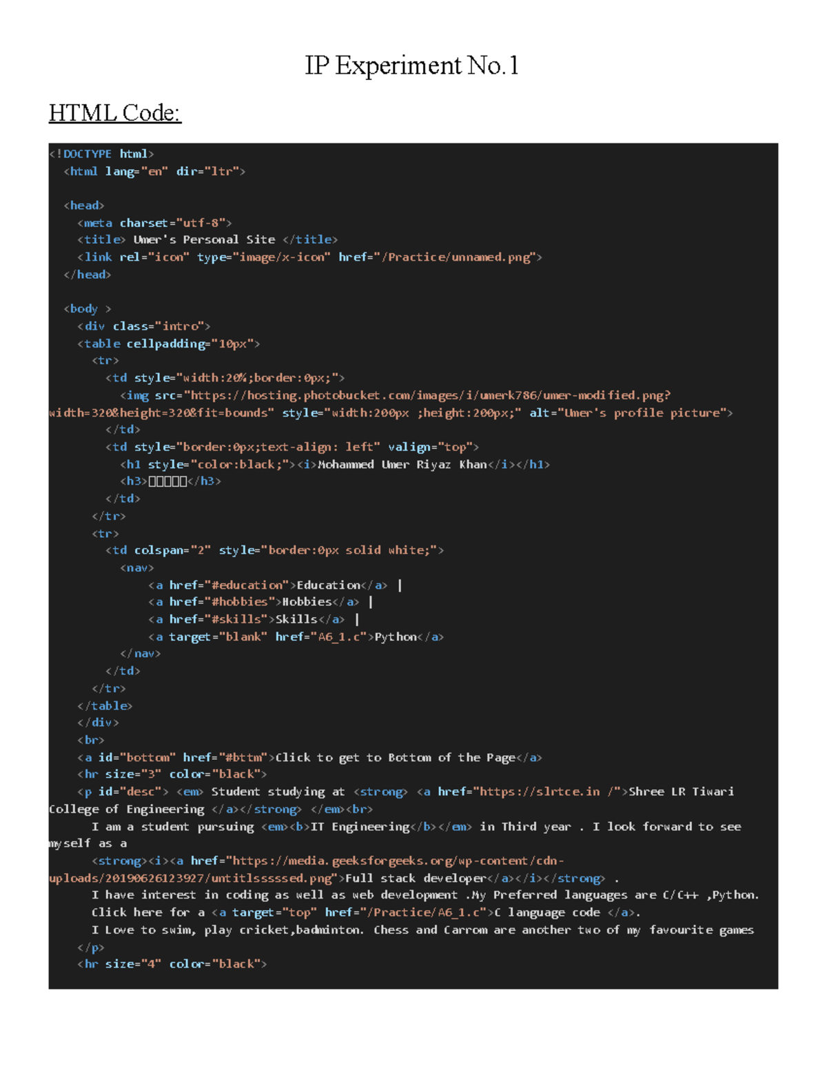 IP Experiment - internet programming notes - IP Experiment No. HTML Code: