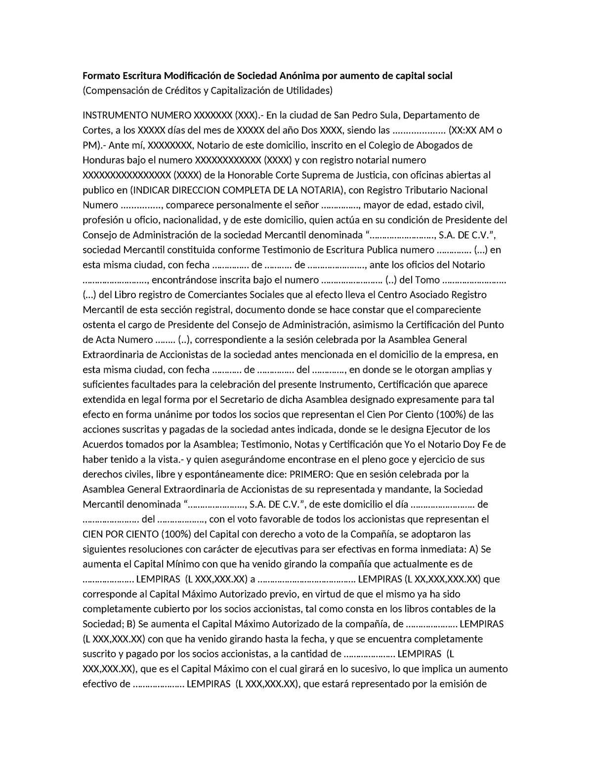 Formato Escritura Modificacion De Sociedad Anonima Por Aumento De