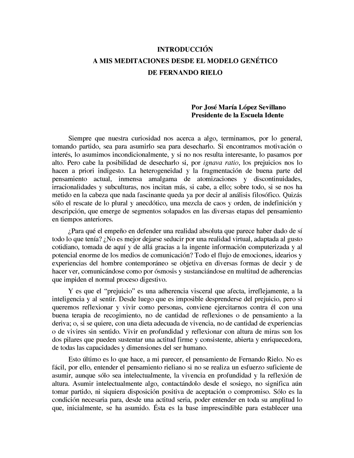 NTRODUCCIÓN A MIS MEDITACIONES DESDE EL MODELO GENÉTICO DE FERNANDO RIELO -  INTRODUCCIÓN A MIS - Studocu