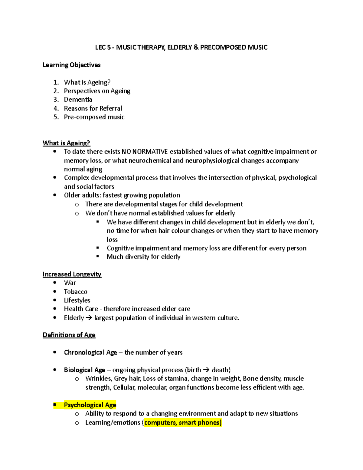 LEC 5 Music Therapy - lecture notes - LEC 5 - MUSIC THERAPY, ELDERLY ...