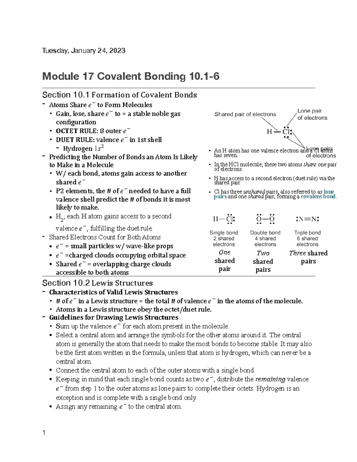 Module 17 Covalent Bonding 10.1-6 - ####### Tuesday, January 24, 2023 