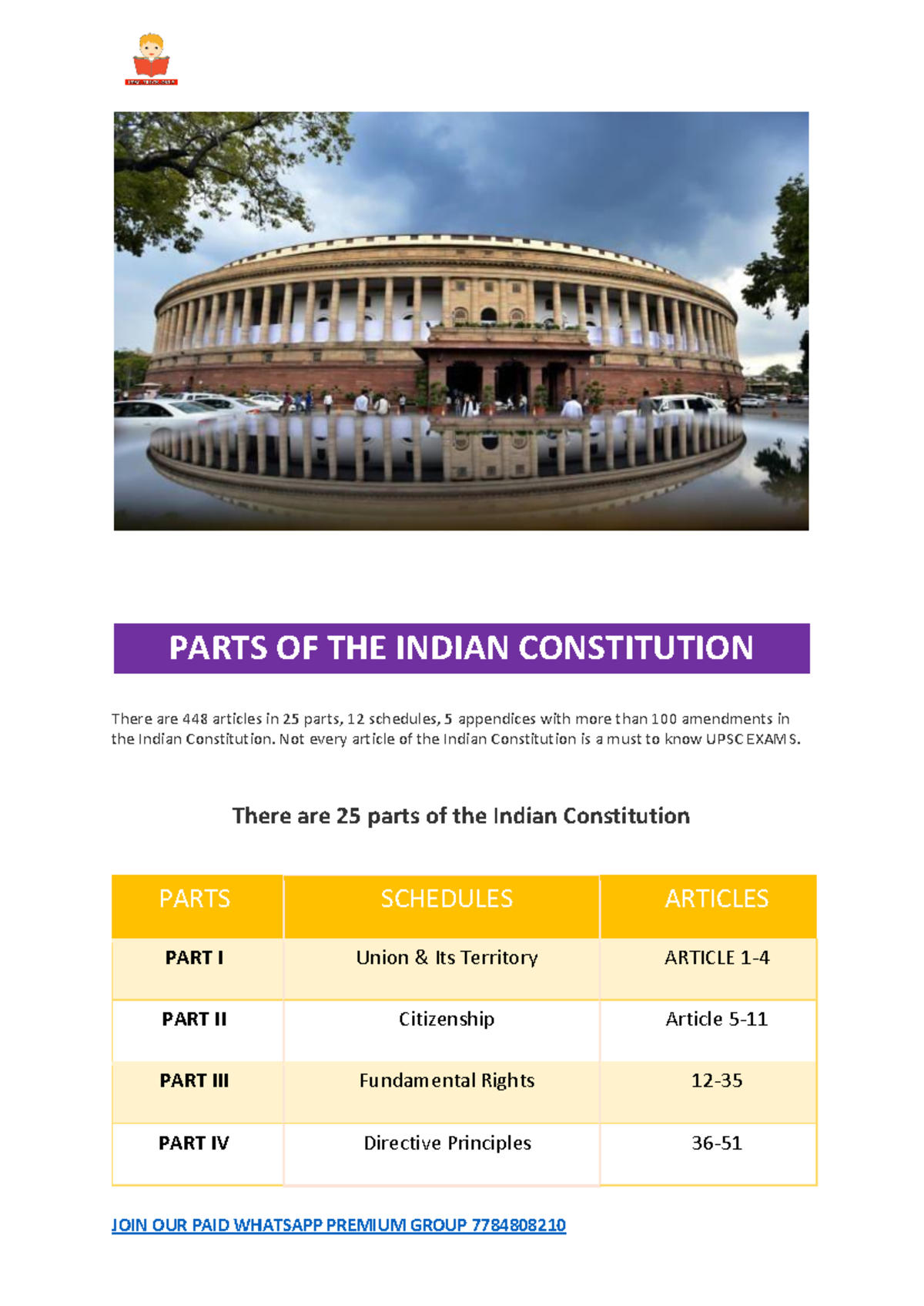 Parts OF THE Indian Constitution - JOIN OUR PAID WHATSAPP PREMIUM GROUP ...