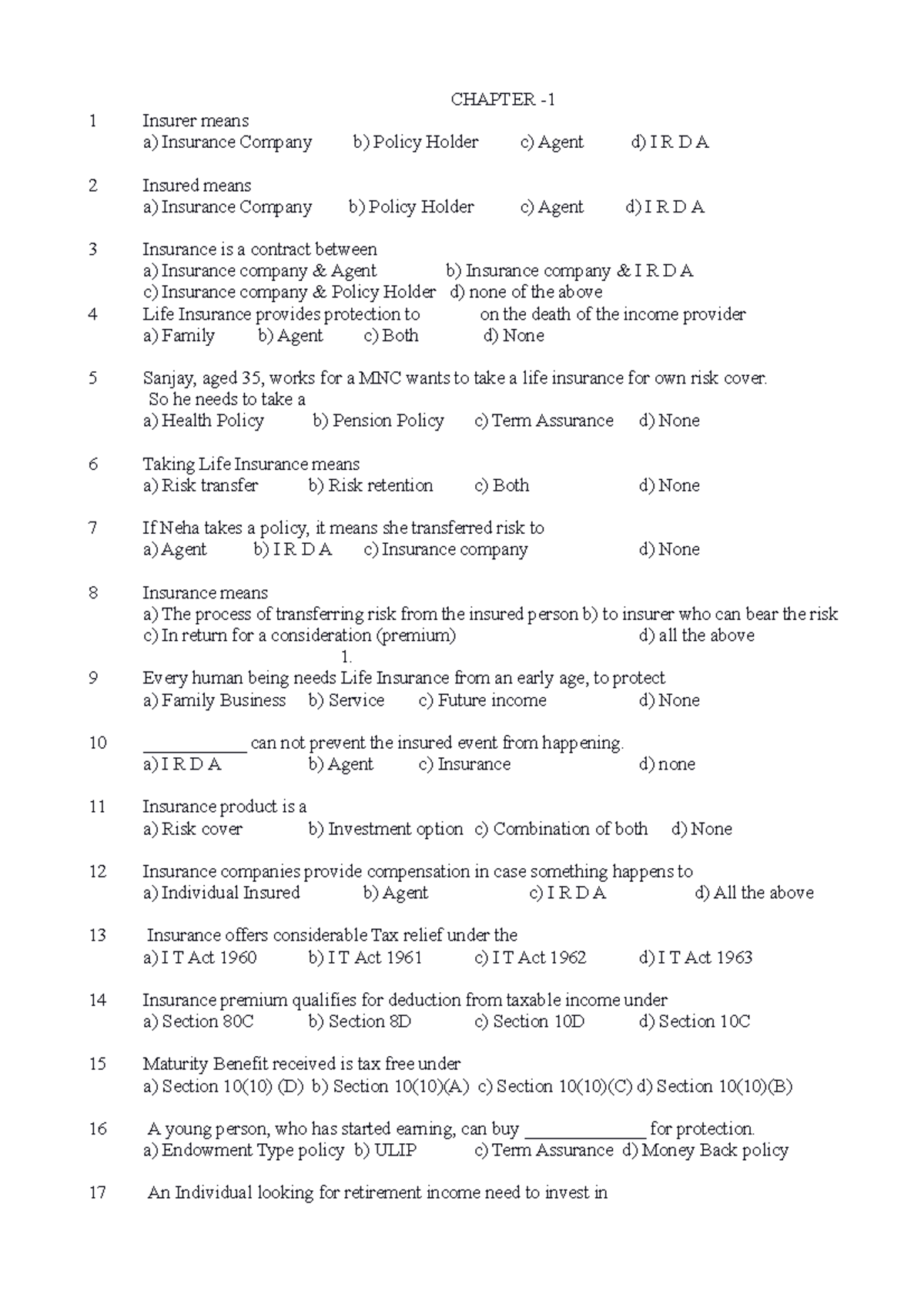 New Syllabus Q A chapter wise - CHAPTER - 1 Insurer means a) Insurance ...