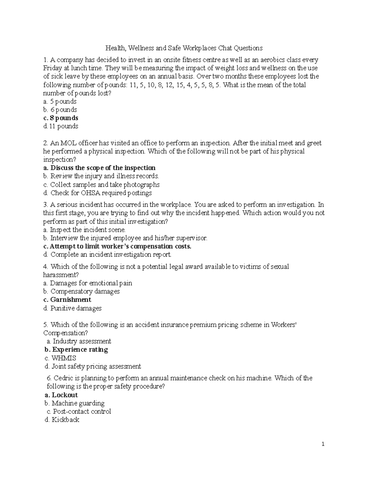 Health Wellness practice questions with answers Health, Wellness and Safe Workplaces Chat