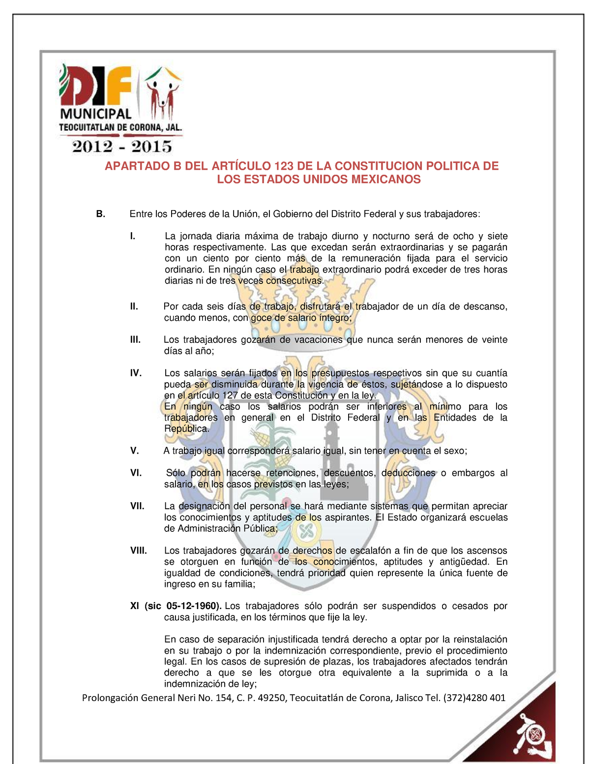 Art. 123 Apartado B Constitucion Politica Federal - Prolongación ...