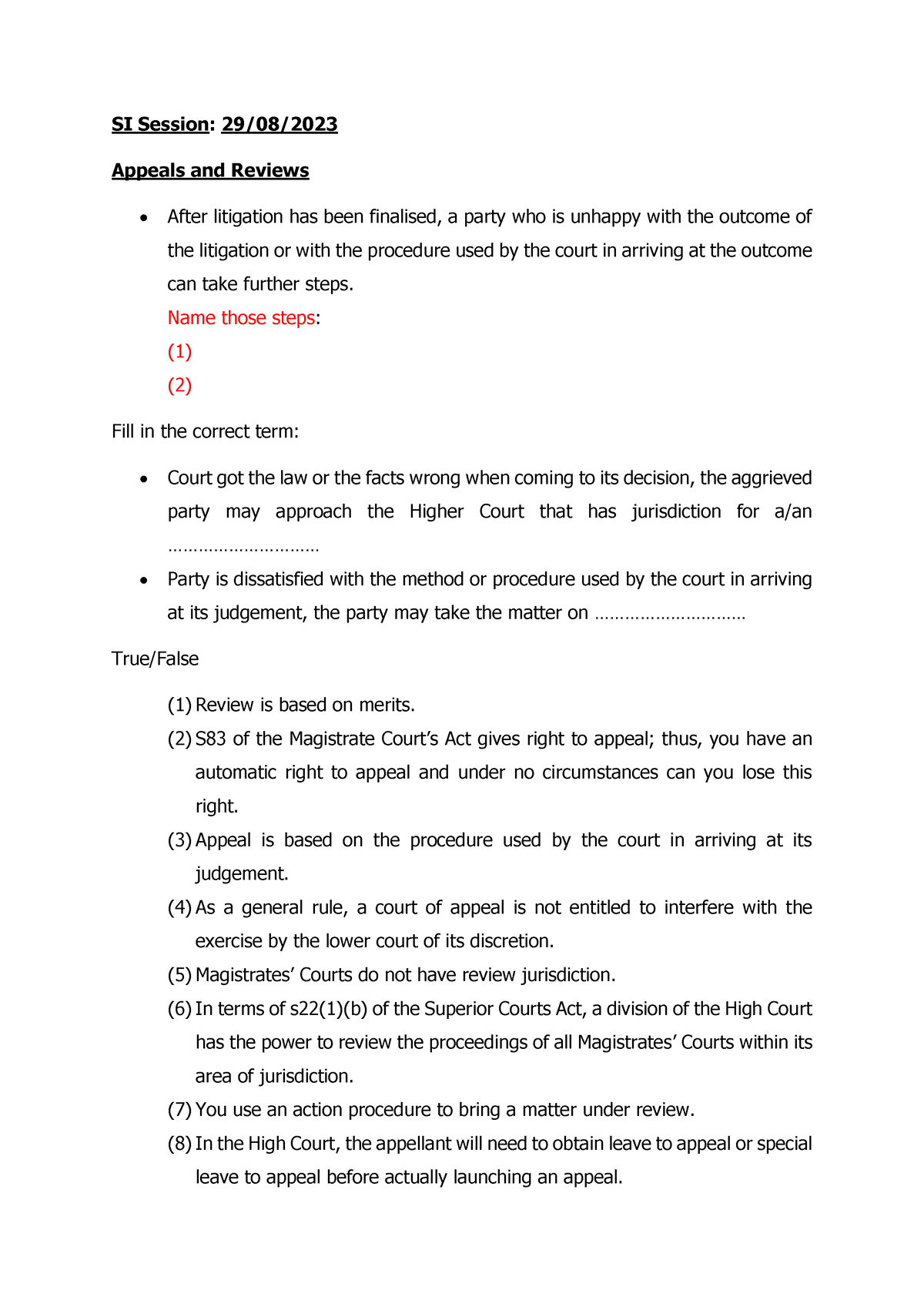 Civil procedure-SU14 - SI Session: 29/08/ Appeals and Reviews After ...