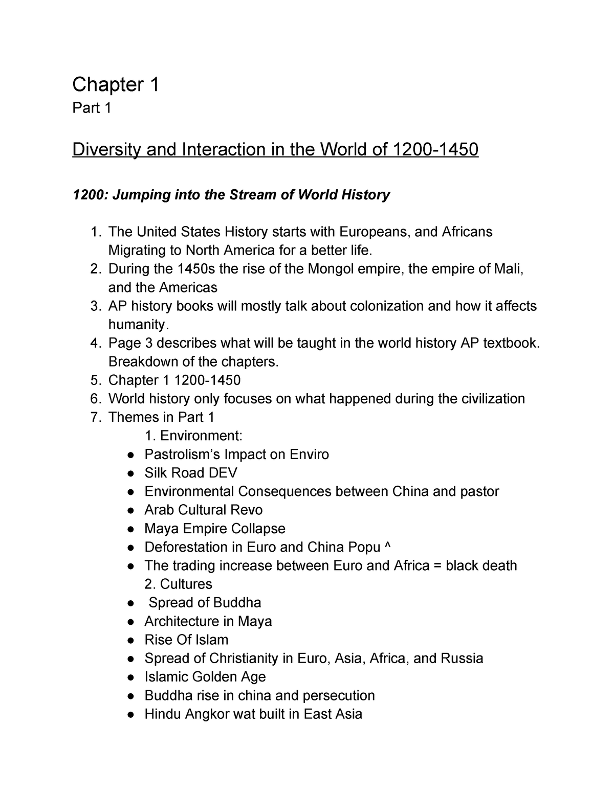 AP World History Chapter 1 Notes Due 08 10 - Chapter 1 Part 1 Diversity ...