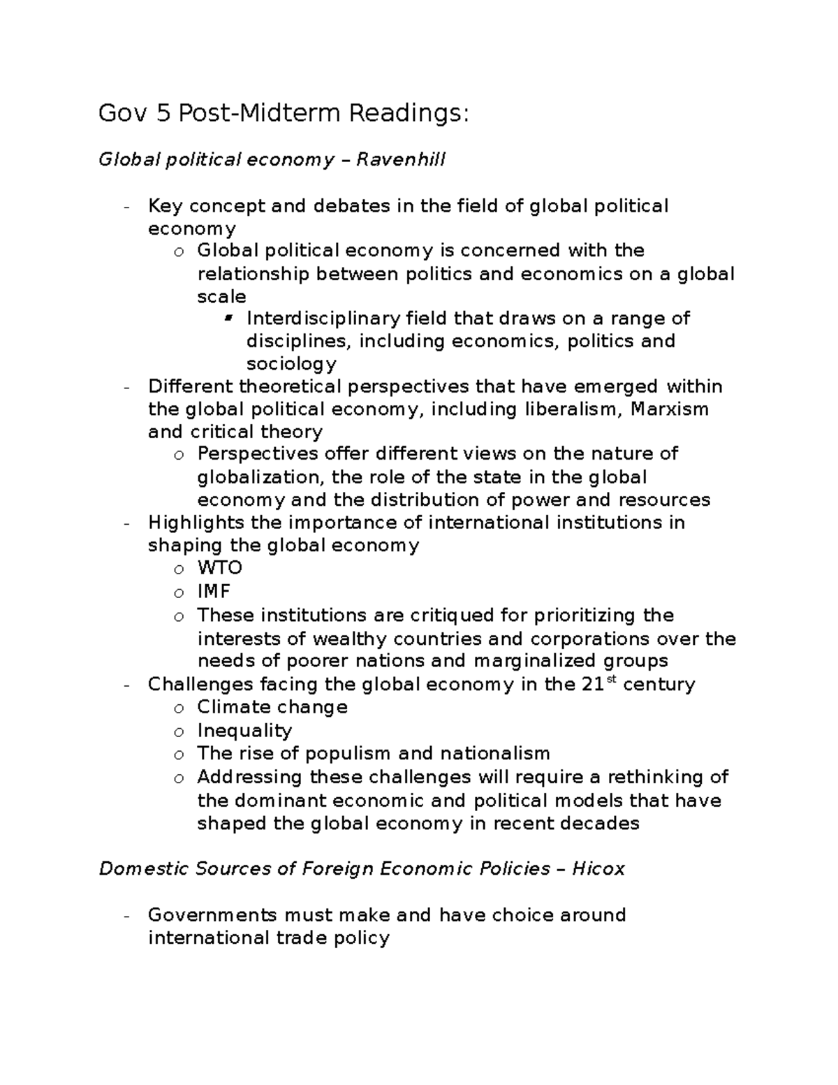 Gov 5 Post-Midterm Readings - Gov 5 Post-Midterm Readings: Global ...