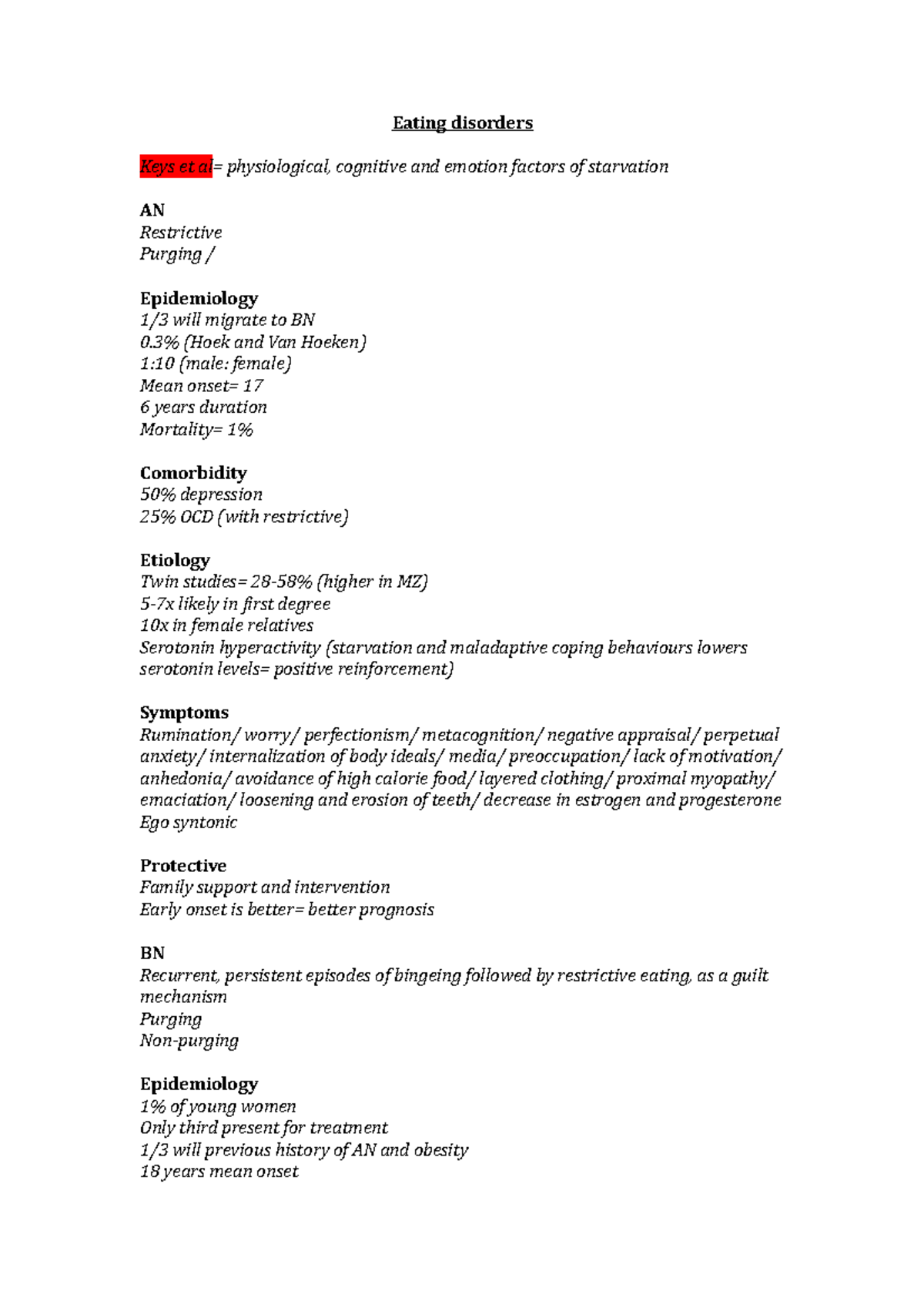Exam 2015, questions and answers - Eating disorders Keys et al ...