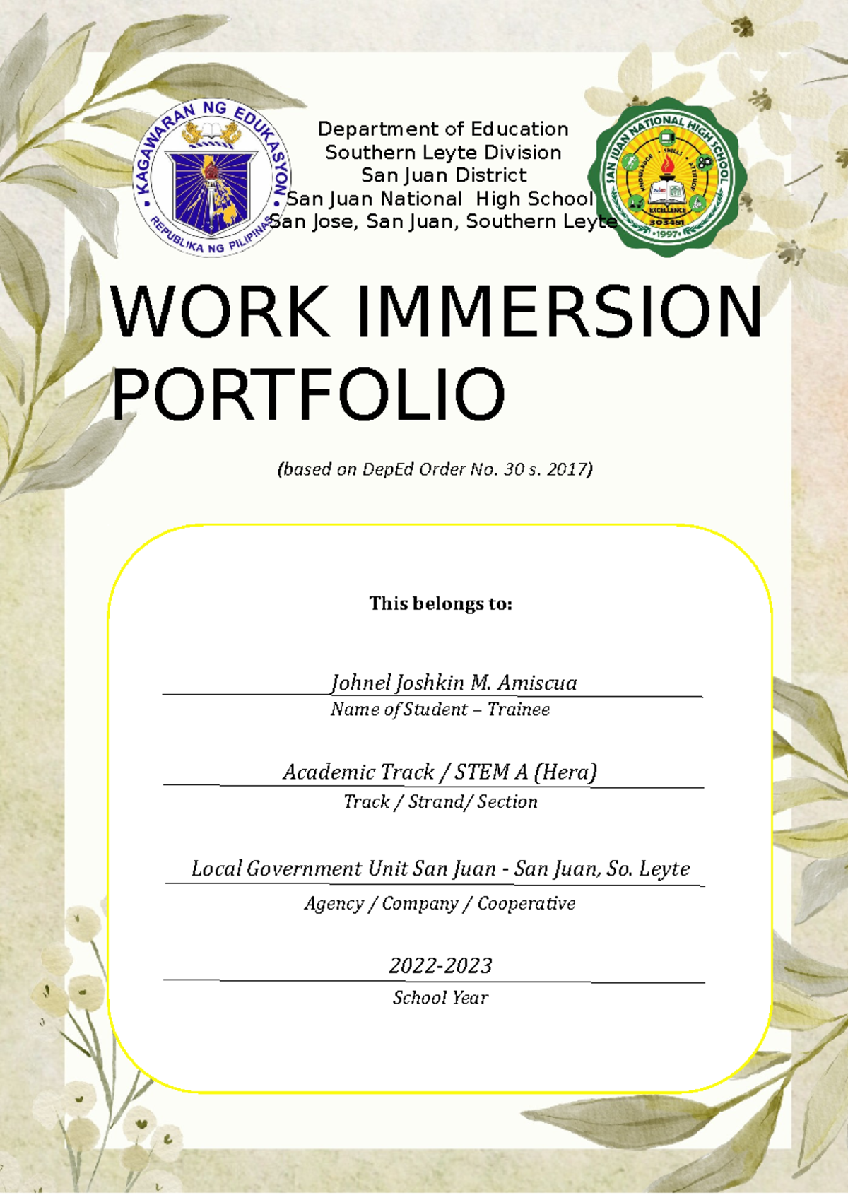 notes only not sure - WORK IMMERSION PORTFOLIO (based on DepEd Order No ...