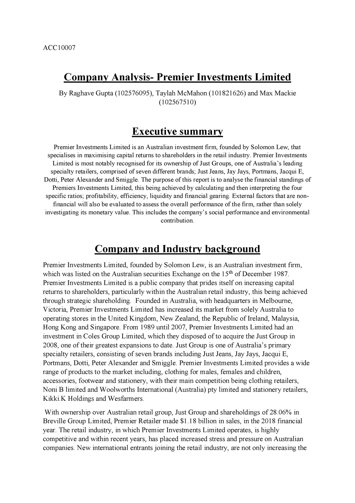 ACC10007 Group Assignment - ACC Company Analysis- Premier Investments ...