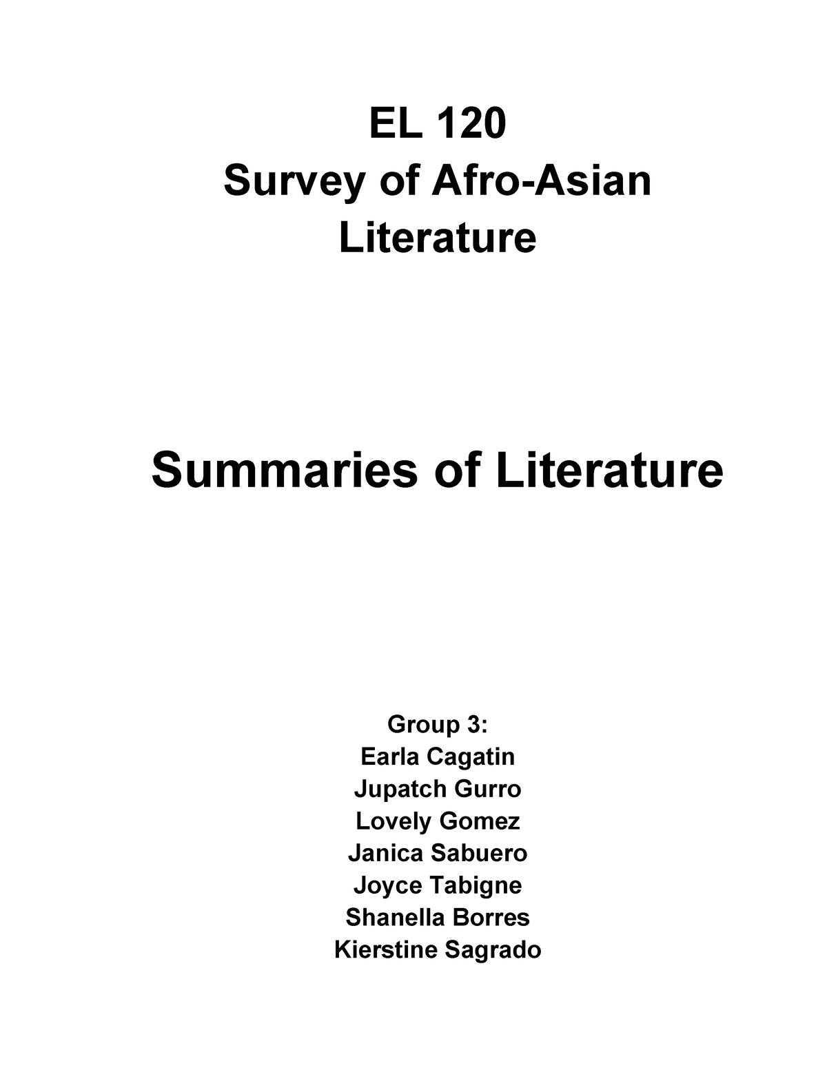 Summary Soaal Group 3 2 - N/A - EL 120 Survey of Afro-Asian Literature ...