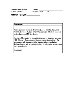 Exam 1 - DSCI 2710 PRACTICE- LEARN TO SUCCESS - DSCI 2710 – 001 : Name
