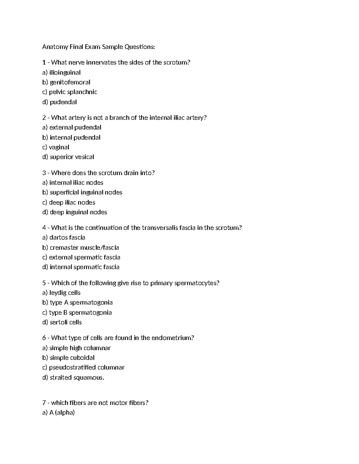 Anatomy Block 5 practice exam - Anatomy Final Exam Sample Questions: 1 ...