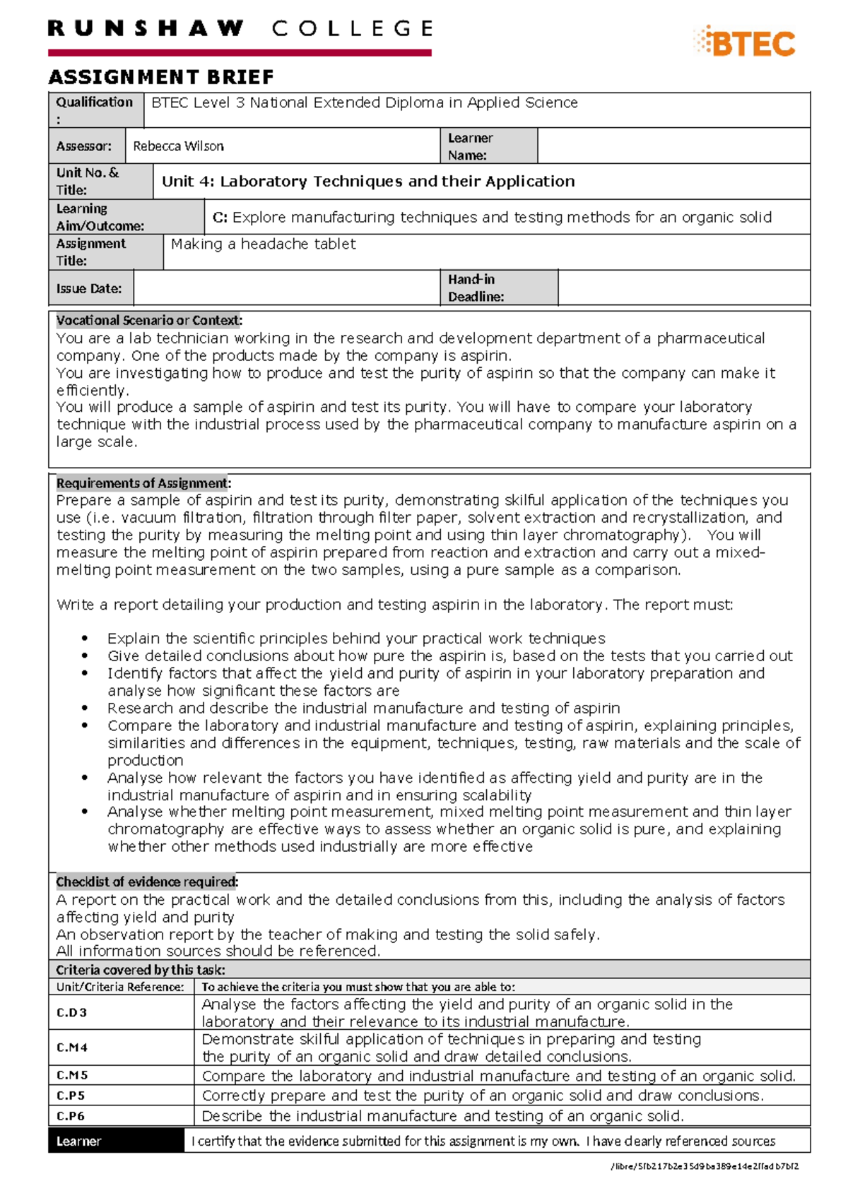 Assignment 4 Aspirin brief ASSIGNMENT BRIEF Qualification BTEC Level 3 National Extended