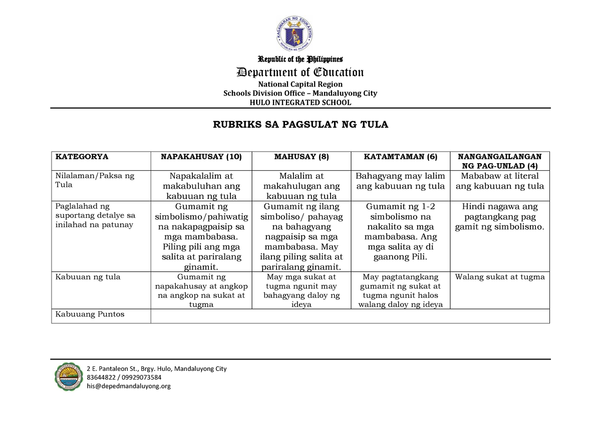 Rubriks Sa Pagsulat Ng Tula Republic Of The Philippines Department Of