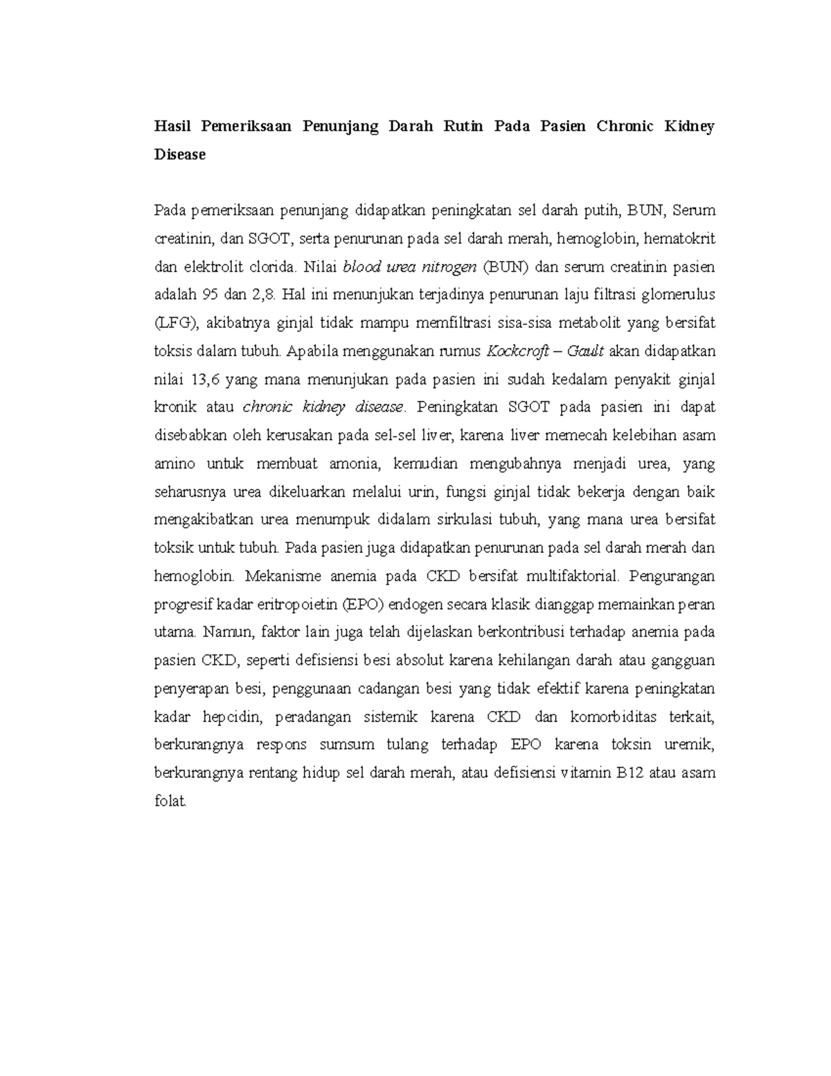 Hasil Pemeriksaan Penunjang Darah Rutin Pada Pasien Chronic Kidney