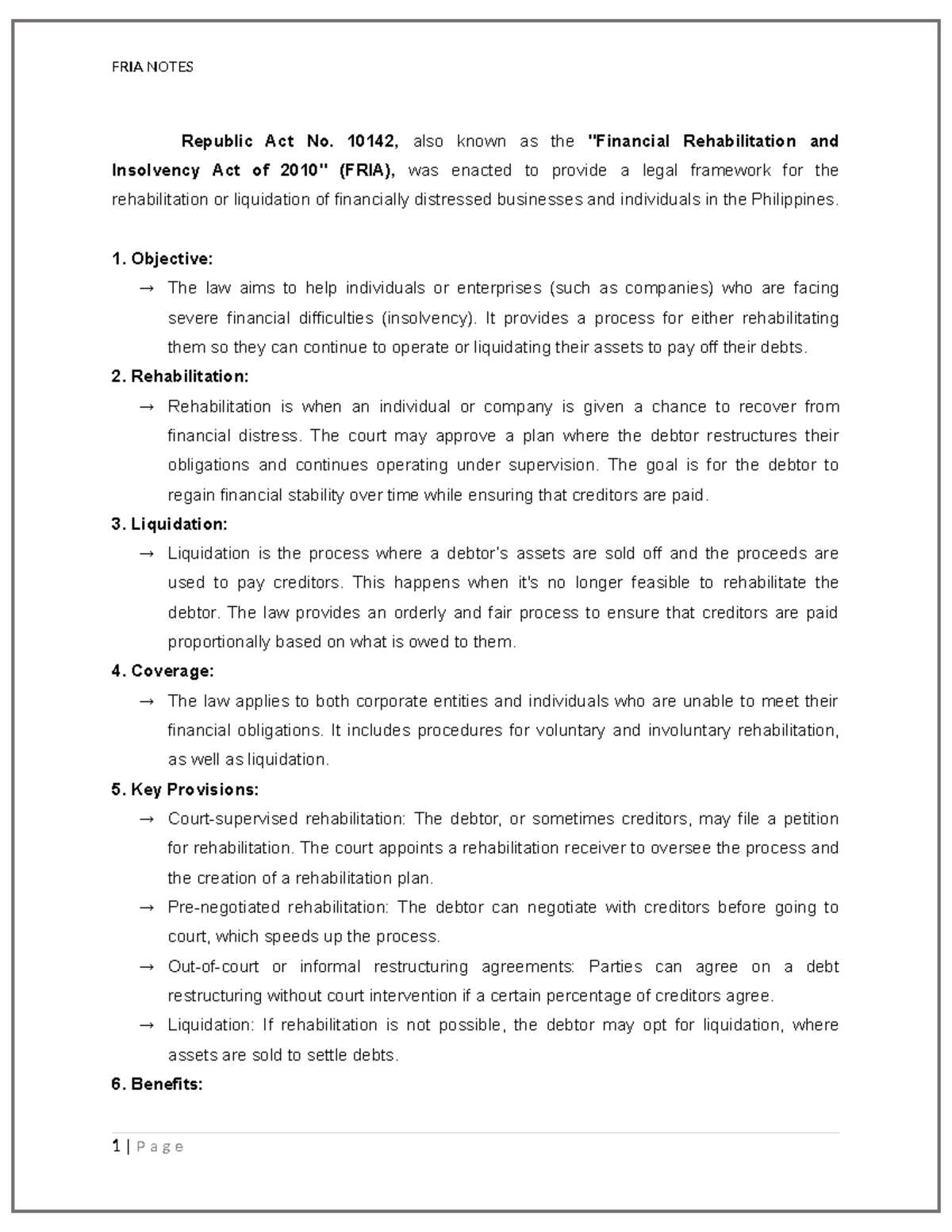 OWN Notes FRIA - Republic Act No. 10142, also known as the 