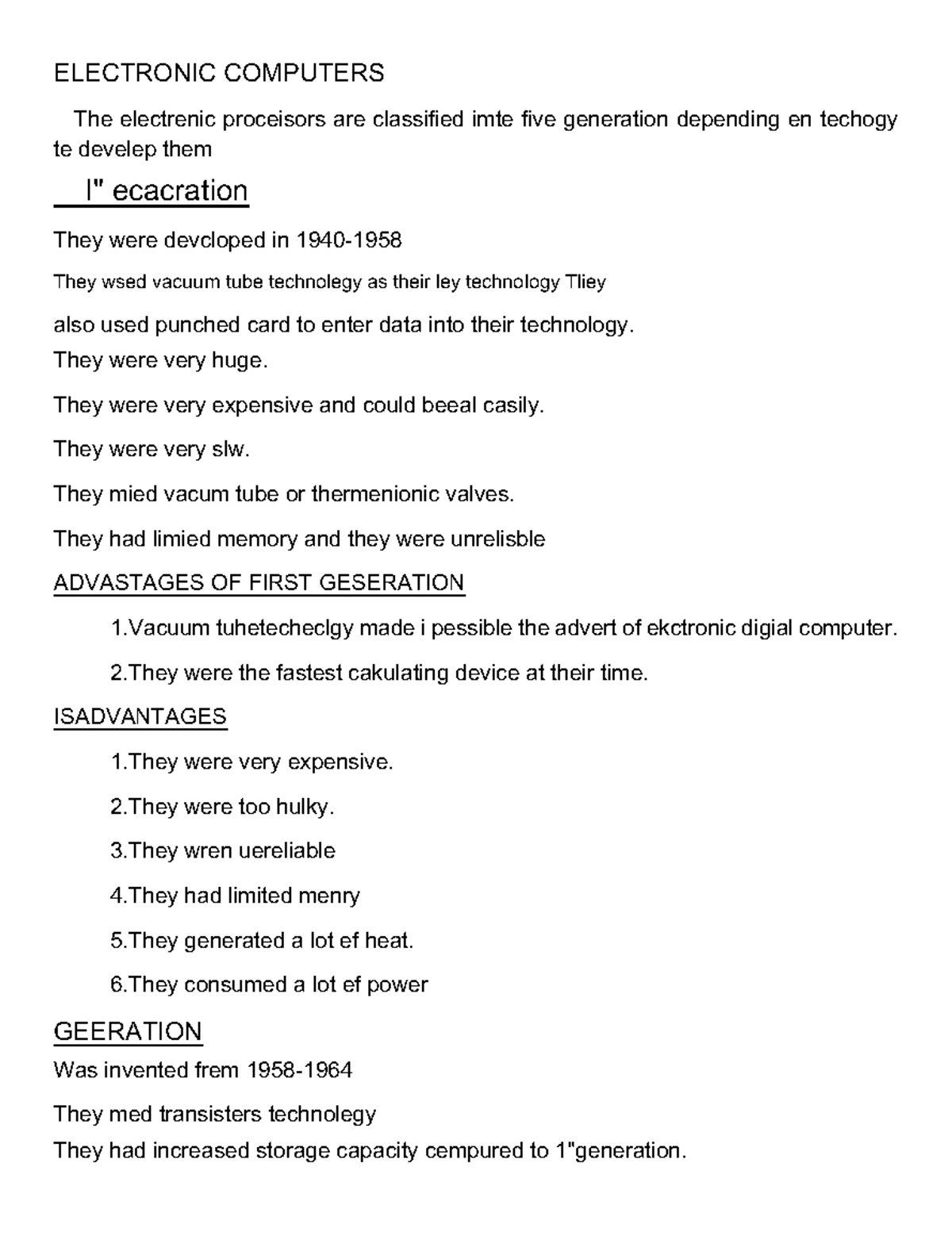 Ict - ict notes - ELECTRONIC COMPUTERS The electrenic proceisors are ...